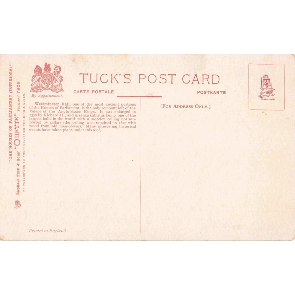 Westminster Hall London England Tuck Oilette Postcard Charles E Flower c1910 - Picture 2 of 2
